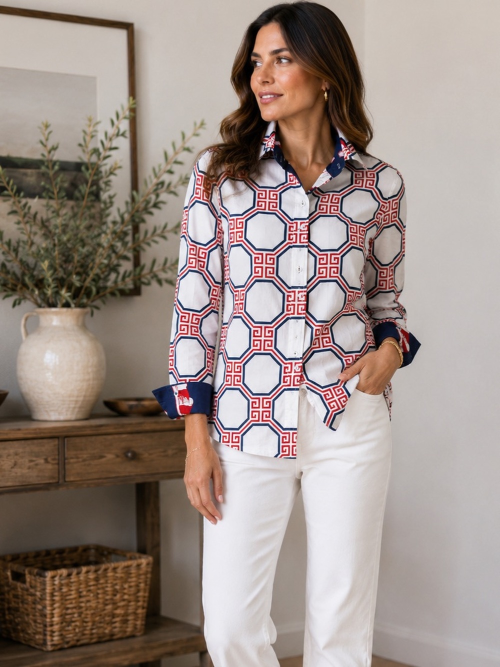 Tizzie Dizzy Lizzie Geometric Button Down Shirt Red White Blue S